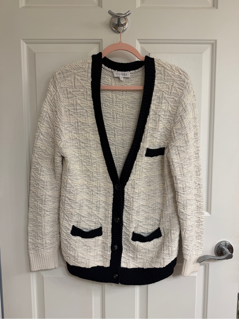 INTERMIX Cream and Black Contrast Trim Cardigan